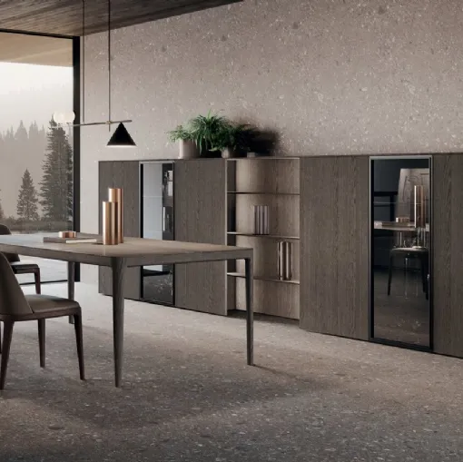 Parete Attrezzata Bluna Legno 02 in rovere grigio e vetro di Binova