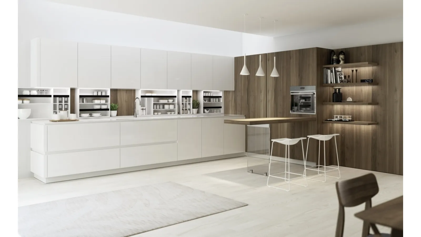 Cucina di design ad angolo con penisola in laccato bianco lucido e legno di Miton