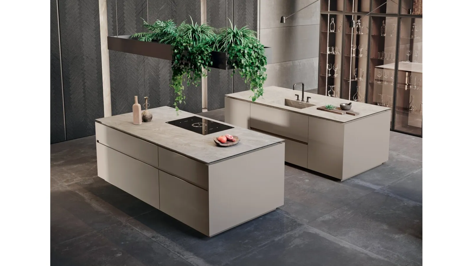 Cucina Design con doppia isola in laccato lucido e top in gres Mantis Rovere Magma di Binova