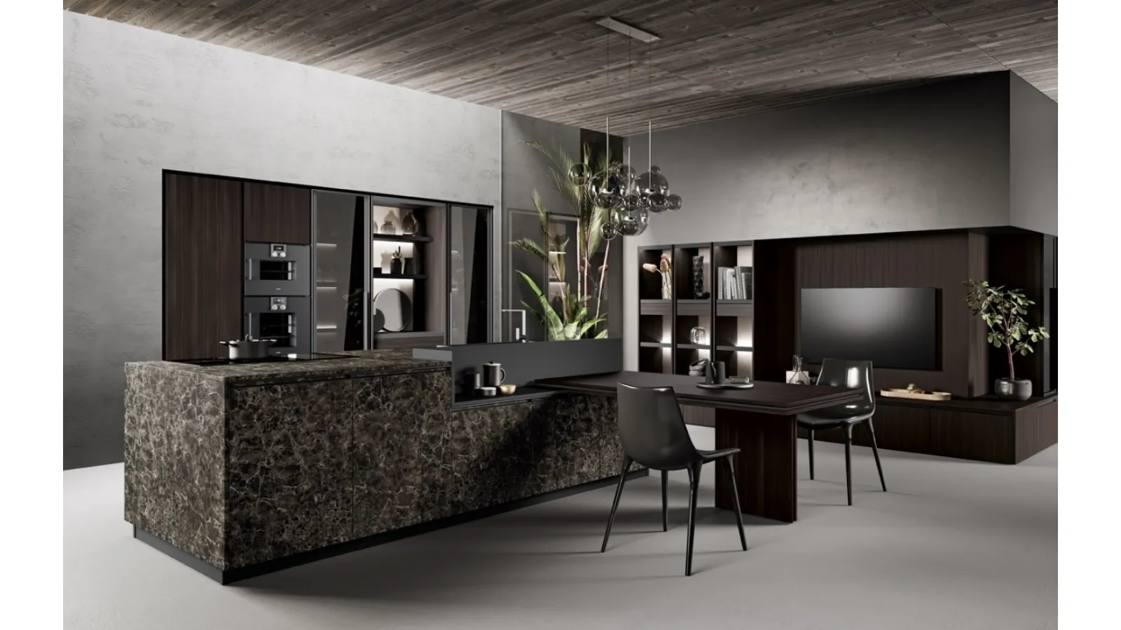 Cucina Design con isola e penisola in laminato pietra e bilaminato rovere mogano Ménta 01 di Miton