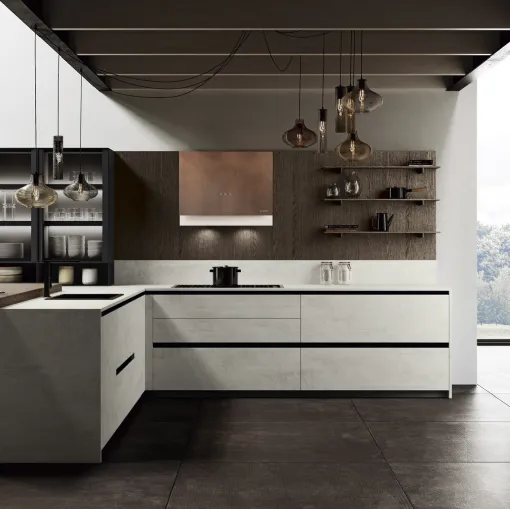 Cucina Design con penisola in bilaminato cemento Ménta 05 di Miton