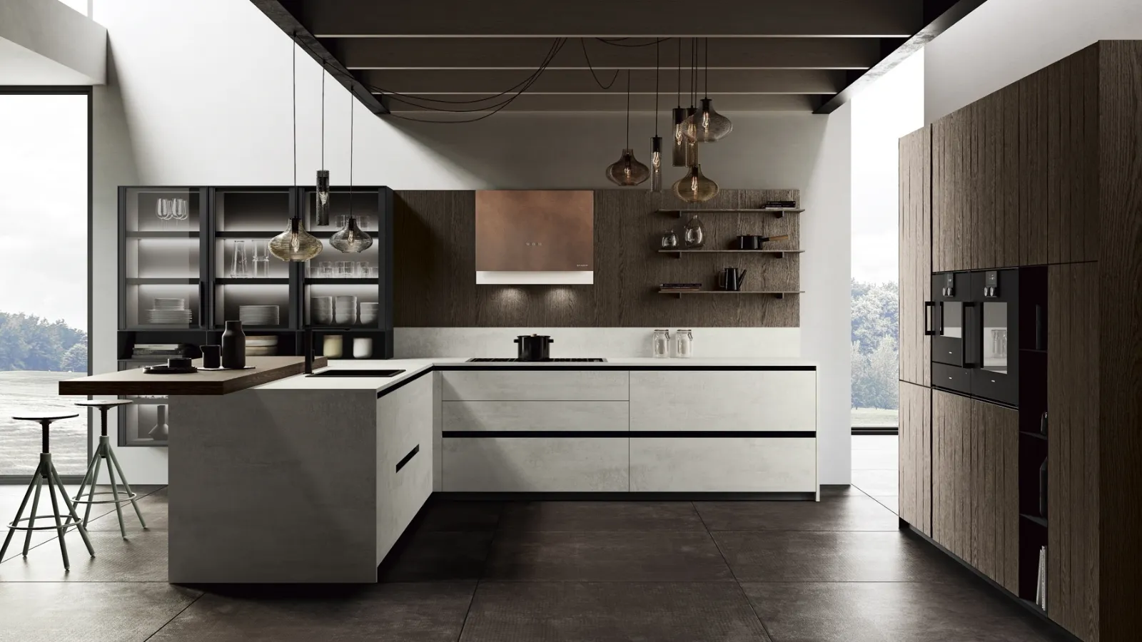 Cucina Design con penisola in bilaminato cemento Ménta 05 di Miton