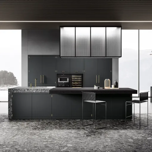 Cucina Design con isola Anuba in laccato opaco grigio di Miton