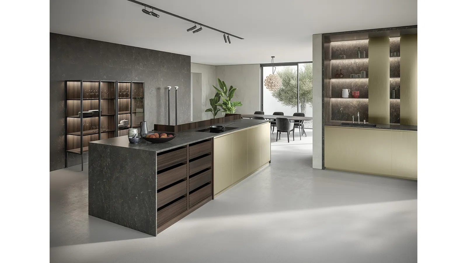 Cucina Design con isola Ritmo Collection in laccato oro, eucalipto e gres di Mittel