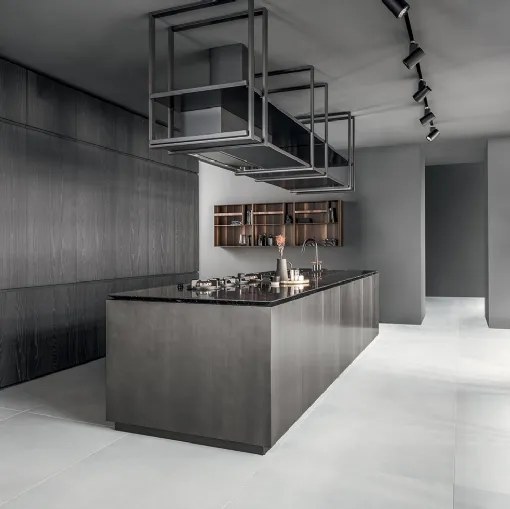 Cucina Design con isola Techno Elegance in titanio satinato anticato e marmo nero Marquinia di Mittel