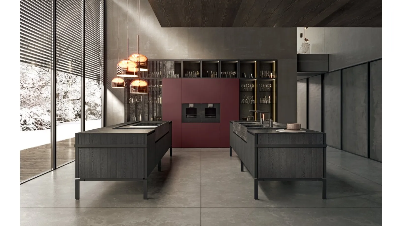 Cucina Design con doppia isola in legno finitura Rovere Vesuvio, top in gres e piedi in metallo Regula di Binova