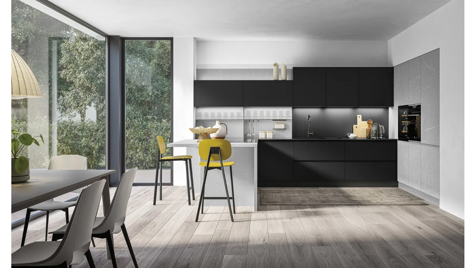 Cucina Moderna con penisola J22 008 in pet e effetto pietra piasentina di Ar-due