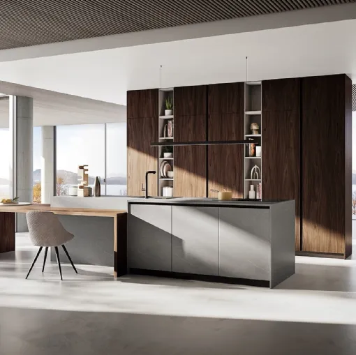 Cucina Moderna con isola Q01 001 effetto legno e effetto pietra di Ar-due