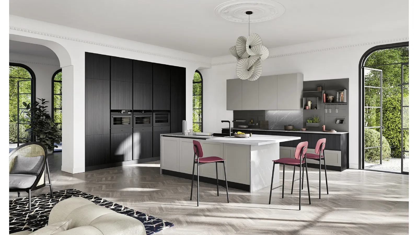 Cucina Moderna con isola T44 003 in laccato e cannettato nero di Ar-due