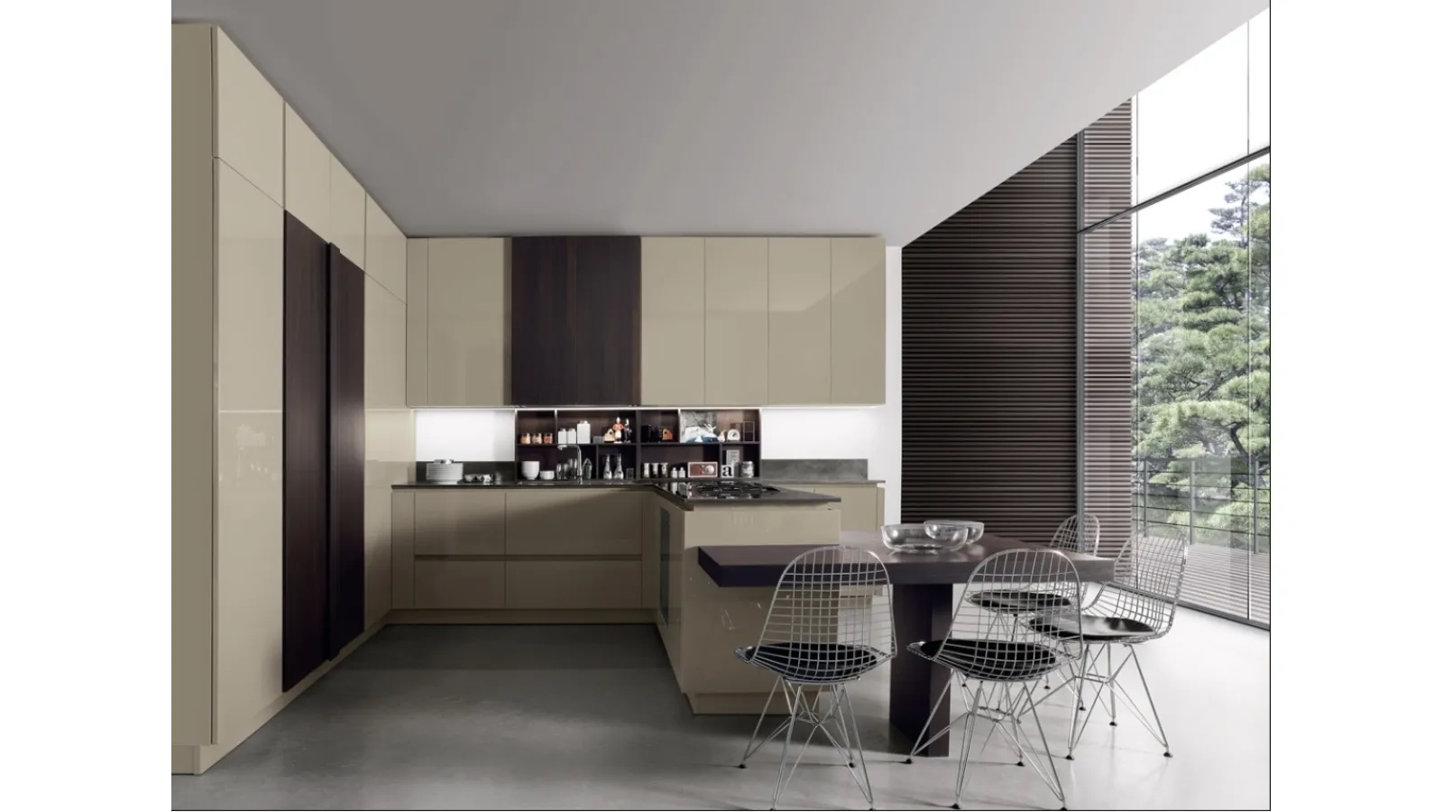 Cucina su misura con penisola Limha Glossy in laccato lucido e rovere con top in acciaio di Miton